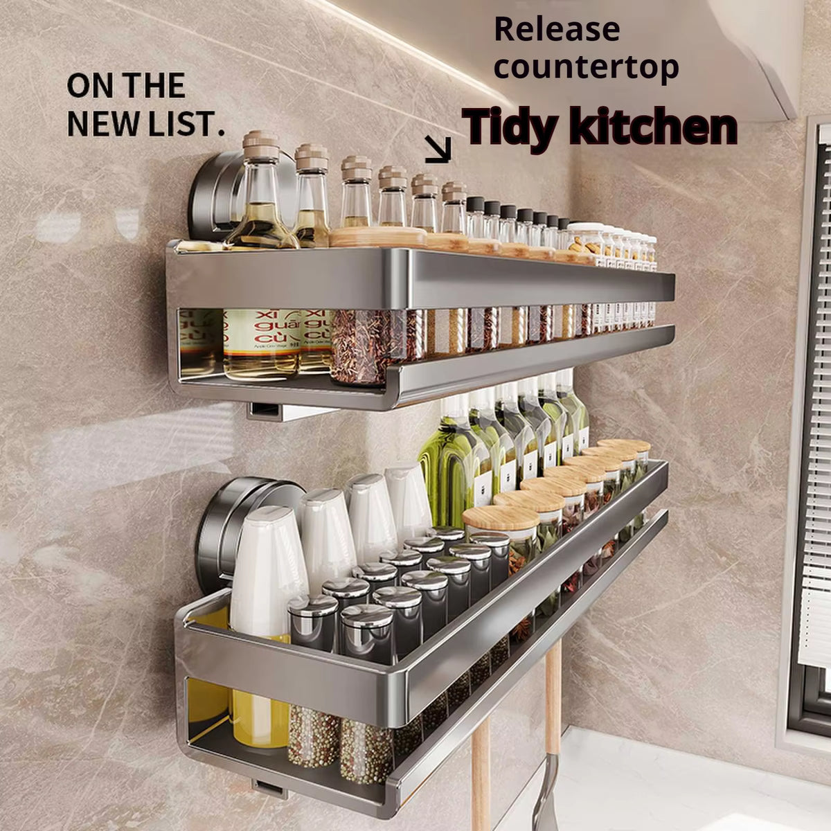 Wall-Mounted Suction Cup Kitchen Shelf Spice Storage Rack Seasoning Organizer No Drilling Kitchen Organizer Wall Shelf cocina